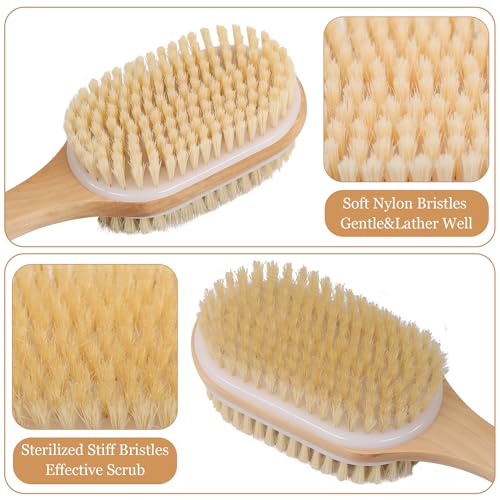 OWIIZI Back Scrubber for Shower with Soft and Stiff Boar Bristles Dual-Sided Wooden Long Handle Antiskid Body Bath Brush for Back Use Wet or Dry,Deep Cleanse Large Surface Back Scrub Brush