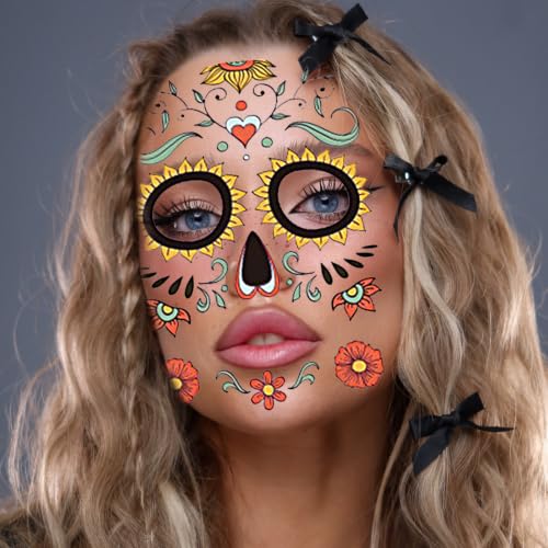9 PCS Sugar Skull Day of the Dead Temporary Face Tattoos