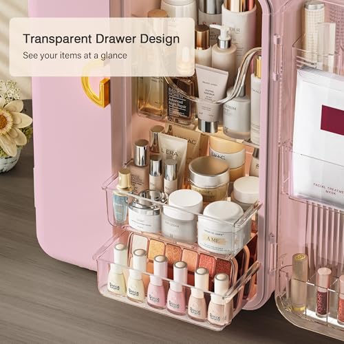 UAK Makeup Organizer with Drawers for Vanity, Cosmetic Display Case with Brush Holders, Storage for Skincare Countertop Bathroom (Pink)