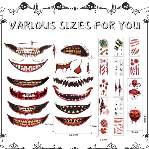 WdrKo 26 pcs Halloween Prank Makeup Temporary Tattoos Set for Adults - Horror Face & Wound Stickers for Cosplay & Parties