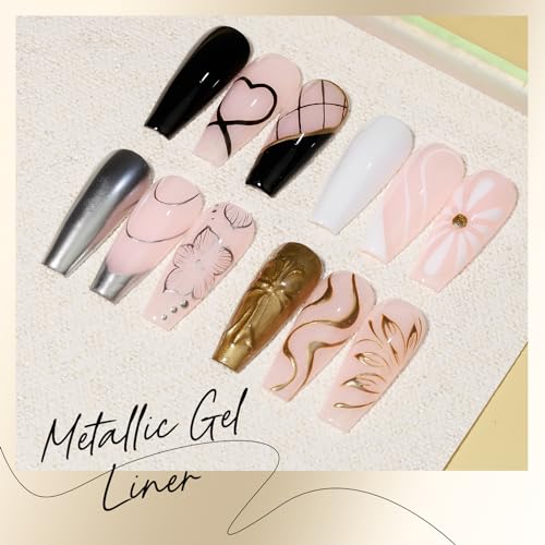 MIZHSE Metallic Gel Liner Nail Art Gold Silver 4 Colors, 3D Mirror Gel Painted Spider Drawing Line, Glossy Painting Swirl French Chrome Effect Nail Design Soak off Manicure Set for Nail Art