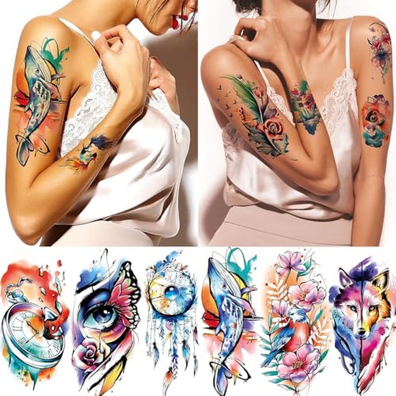 EMOME 79 Sheets Realistic Temporary Tattoos for Women, Watercolor Arm Fake Tattoos Stickers for Girls, Long Lasting Temporary Tattoos and Hand Tattoos for Adults