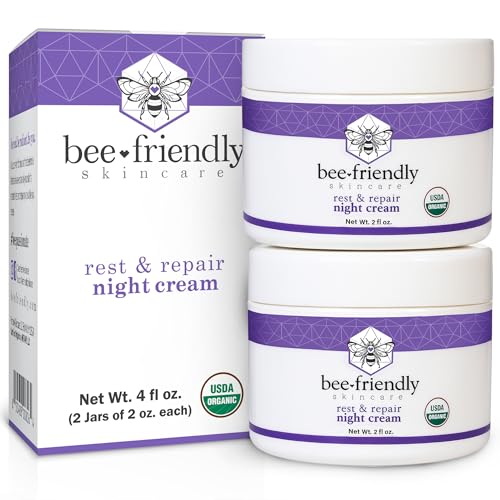 BeeFriendly Organic Night Cream, USDA Certified Organic, Deep Hydrating & Moisturizing Night Time Eye, Face, Neck & Decollete Cream for Women and Men, Skin renewing 4 oz (2 Jars in box)