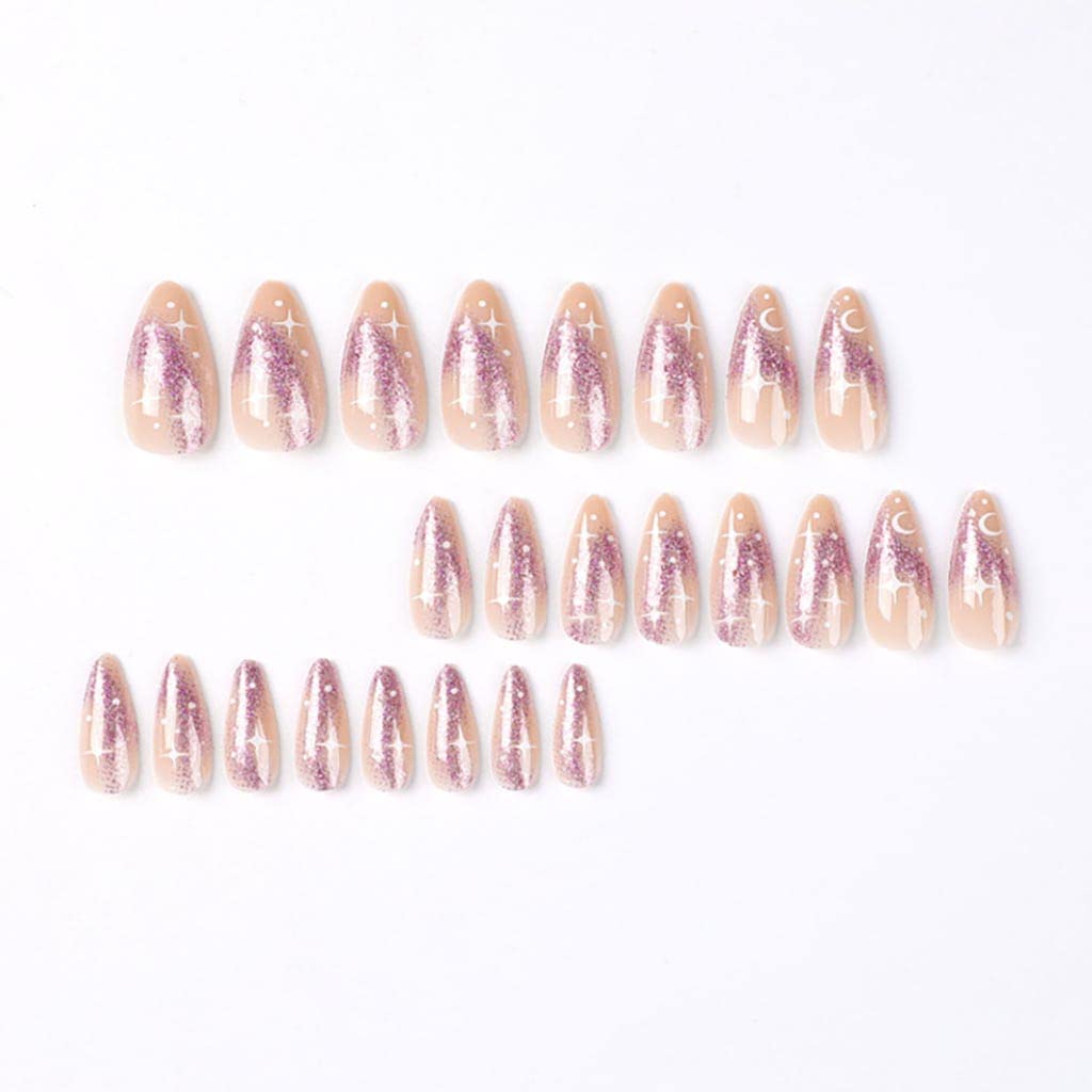 RikView French Tip Press on Meduim Acrylic Nails Almond Fake Nude Nails Purple Stick on Nails 24 PCs/Set