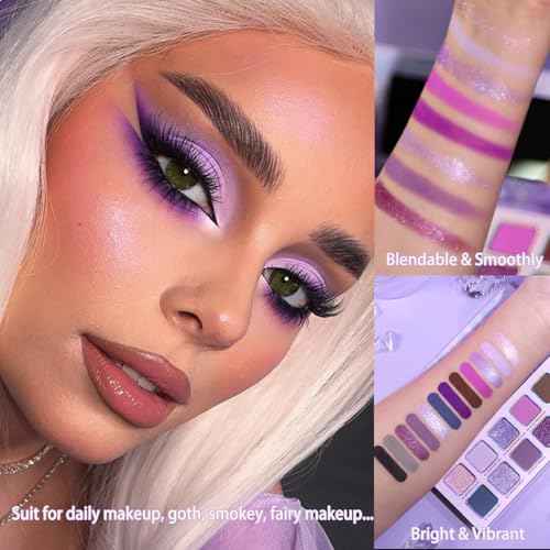 Purple Eyeshadow Palette, Pigmented Matte Shimmer Lavender Lilac Eye Shadow Pallet for Green Eyes, Bright Long Lasting Metallic Multichrome Violet Pink Makeup Pallet for Daily, Smoky, Goth, Blendable