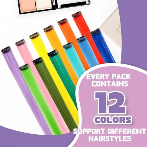 12 PCS Colored Clip in Hair Extensions - BEAHOT 20 Inches Rainbow Long Straight Hairpieces Clip in Synthetic, Halloween Cosplay Dress Up Fashion Party Christmas New Year Gift for Women Kids Girls
