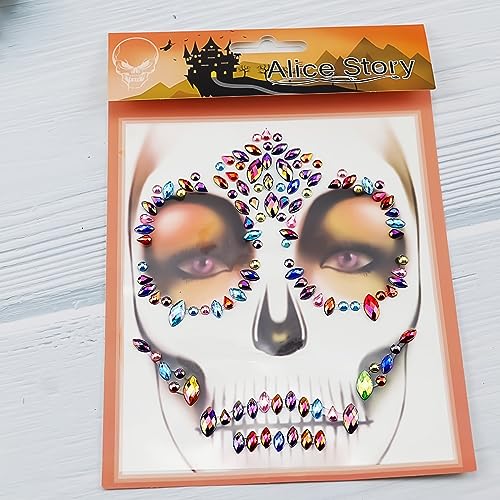 3Pack Sugar Skull Face Gems Jewels Day of the Dead Face Temporary Tattoo Glitter Rhinestone Stickers for Makeup Skeleton Face Gems for Halloween Party Festival Accessory and Nail Art Decorations