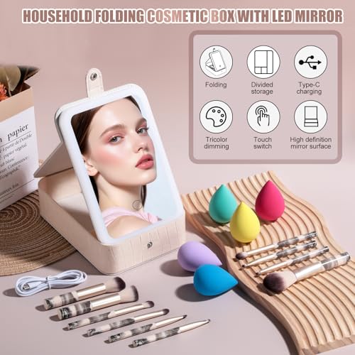 BS-MALL large Led Makeup Mirror Case Travel Makeup Brushes Set 15 Pcs ? LED Light Mirror with Makeup Sponge for Enhanced Beauty Routine Desk Stand Led Mirror