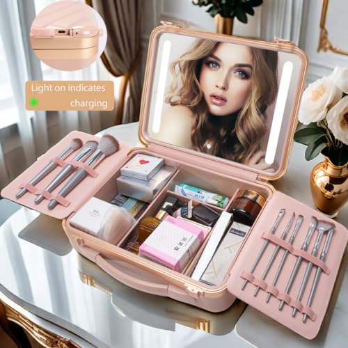 Makeup Case with LED Lighted Mirror, 11.5''x 8.7'' Portable Travel Makeup Organizer, Toiletry Storage Makeup Bag Gift for Lady, DIY Dividers Makeup Box with 5X Magnifying Mirror (Pink)