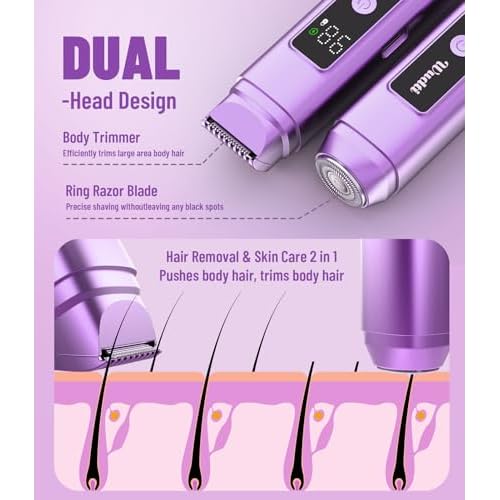 Electric Bikini Trimmer for Women: IPX7 Waterproof Dual Head Cordless Electric Shaver for Women with LED Display & 0.5mm Ceramic Blades for Pubic Hair, Face, Legs - Grape Purple
