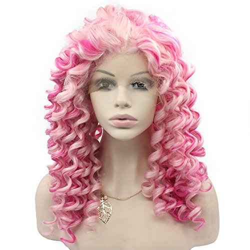MX angel Mxangel Long Spirial Curl Heat Resistant Synthetic Lace Front Two Tone Curly Pink Wig
