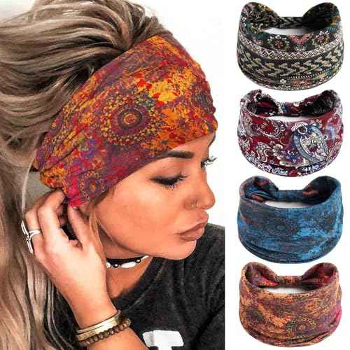Olbye Wide Boho Headbands Floral Stretch Head Wraps Bohemian African Turban Hairbands Knotted Bandana Headband Yoga Running Head Scarfs Workout Hair Accessories for Women 4Pcs (Boho, 9.4 * 5.9'')