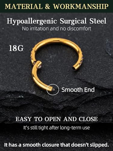 HANCAO Hypoallergenic 14K Gold Plated Nose Rings Hoops - 18G Surgical Steel Cartilage Earrings Septum Jewelry Hinged Segment Ring CZ Paved Lip Rook Helix Lobe Body Piercing 8MM