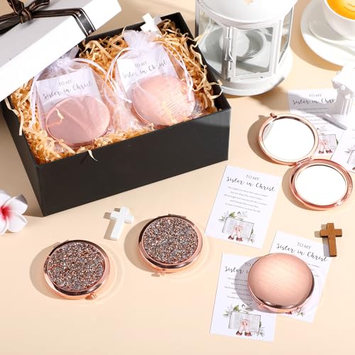 Geetery 10 Set Christian Gifts for Church Group Women Lady Mom Friend Bulk Rhinestone Sisters in Christ Compact Mirror Pocket Religious Faith Bible Verse Party Favors for Easter Mother Day(Rose Gold)