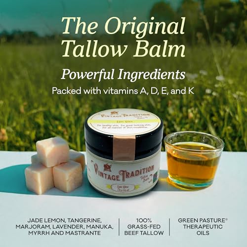 Vintage Tradition Epic Glow Beef Tallow Balm ? Glow Boosting Moisturizer with Lavender Oil, Myrrh Oil, Manuka Face Oil, and Fish Oils ? Beef Tallow for Skin Care from Head to Toe, 2 fl. oz.