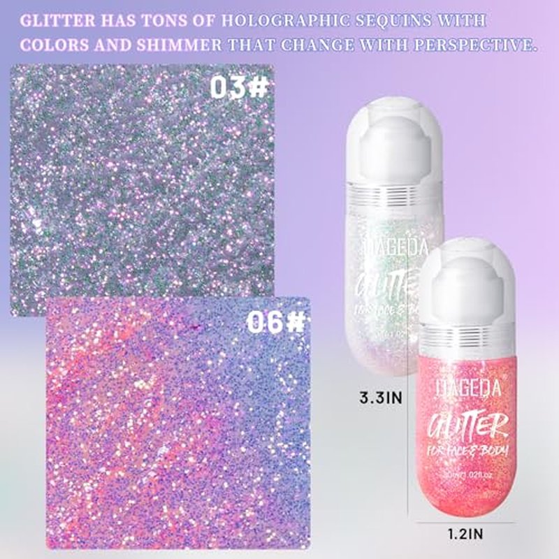 DAGEDA 2Colors Roll-on Body Glitter Gel for Body, Hair, Face, Holographic Glitter Makeup for Rave Accessories, Body Shimmer Hair Glitter Gel for Halloween Makeup(Sparkling Pink+Pink)