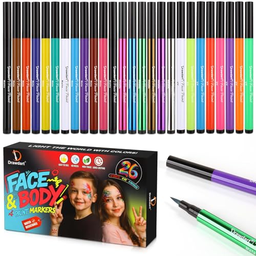 Drawdart 26 Pack Face Painting Markers - Non-Toxic, Water Resistant Colors