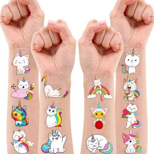 96 PCS Caticorn Cat Pre-Cut Temporary Tattoos Themed Birthday Party Supplies Decorations Favors Decor Funny Cute Cartoon Rainbow Meowgical Tattoo Stickers Gifts For Boys Girls Classroom