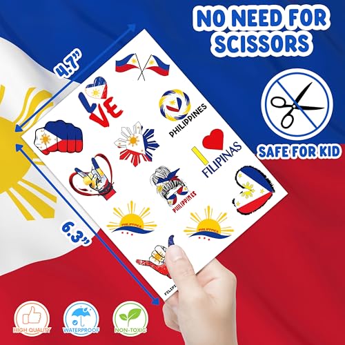 96PCS Philippines Filipino Flag Pride Pre-Cut Temporary Tattoos for Kids Themed Birthday Party Decorations Supplies Decor Favors Super Cute Flag Tattoo Stickers Gifts For Boys Girls Rewards Carnival