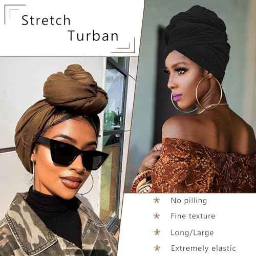 COOKOO 2 Piece Stretch Hijab Extra Jersey Turban African Women's Soft Head Wraps Fashion Head Scarf Long Solid Color Head Band Head Scarf for Women(Black+Coffee)