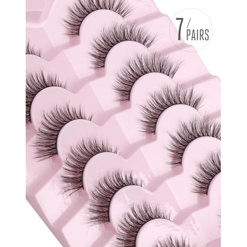 Onlyall Natural Lashes Wispy Lashes Natural Look False Eyelashes Natural Flared Eyelashes False Eye Lashes Soft Fluffy Lashes 7 Pairs D-K06, Black