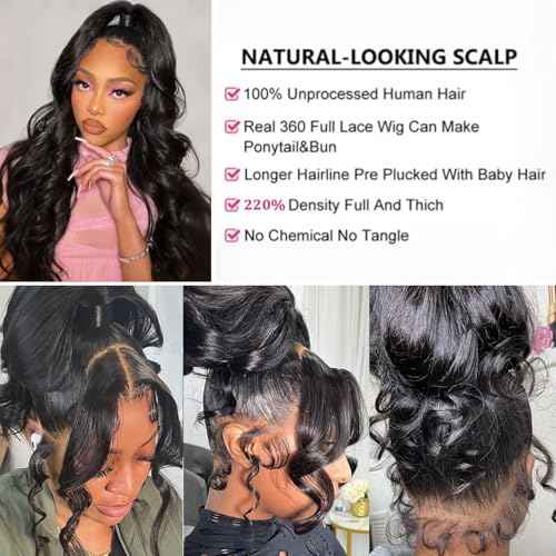 360 Lace Front Wigs Human Hair 220% Density Hidden Straps Body Wave HD Lace Front Wigs with Drawstring 360 Full Lace Wigs Brazilian Virgin Human Hair Wig for Women Natural Black 22Inch