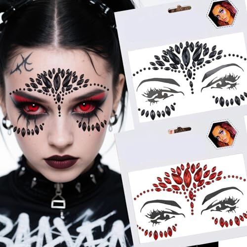 Red and Black Rhinestone Face Gems ? Self-Adhesive Crystal Tattoo Stickers for Halloween, Day of the Dead, Carnival, Party, Festival Makeup ? Eye, Body, Face Jewels for Women Girls-2 Sheets