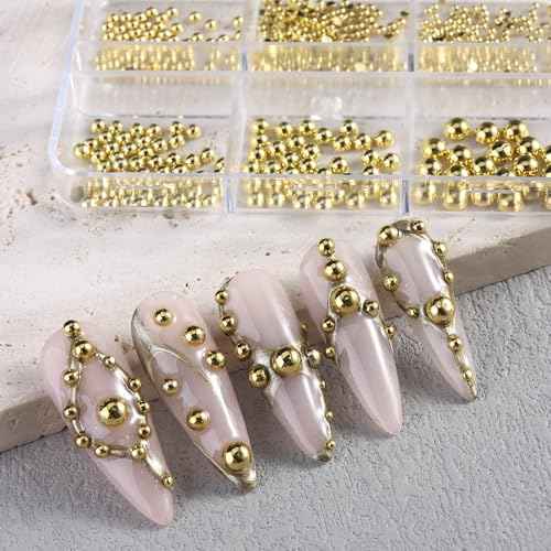 3D Mixed Sizes Flat Back Steel Beads Nail Charms, Gold Half Round Metal Caviar Beads Ball Nail Art Studs Rivets Jewelry for Home DIY and Professional Nail Art Salon Crafts Decorations