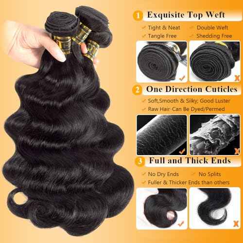 QTHAIR 16A Body Wave Brazilian Virgin Human Hair 18" 20" 22" 300g Natural Color 100% Unprocessed Brazilian Body Wave Hair Bundles Brazilian Virgin Hair for All Women