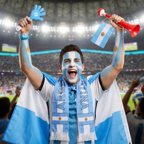Argentina Soccer Fan Party Supplies Set with Flag, Horn, Scarf & Clapper