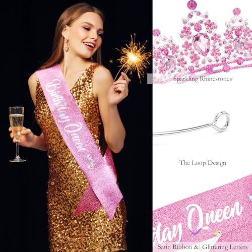 Pink Birthday Queen Crown and Sash Set with Rhinestones