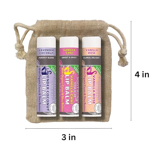 Vegan Lip Balm Set - Pack of 6 Soothing Touch Lip Balms. Includes Muslin Pouch and Lip Balm Holder (White): Lavender Coconut, Vanilla Chai, Vanilla Rose, Coconut Lime, Lemon Cardamom, Grapefruit