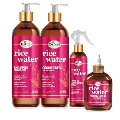 Difeel Rice Water Hair Care 4PC Shampoo & Conditioner Deep Conditioning Set - Includes 33.8oz Shampoo, 33.8oz Conditioner, 8oz Leave in & 7.1oz Hair Oil