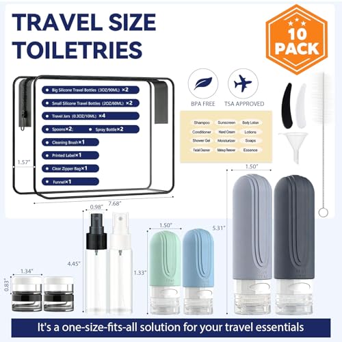 YIIMER Gray Travel Bottles 10 Pack TSA Approved Leak-Proof Silicone Containers