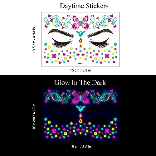 Glow in The Dark UV Temporary Tattoos, 8 Sheet Neon Face Stickers