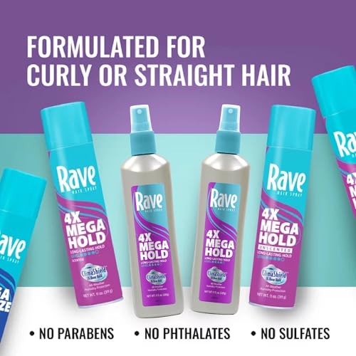rave 4X Mega Long-Lasting Firm Hold Hair Spray for Heat Protection, Volume and Shine - 24 Hour Hold & Anti Humidity Spray for Hair - Minimizes Frizz - Unscented & Non Aerosol - 11 Fl Oz (Pack of 3)
