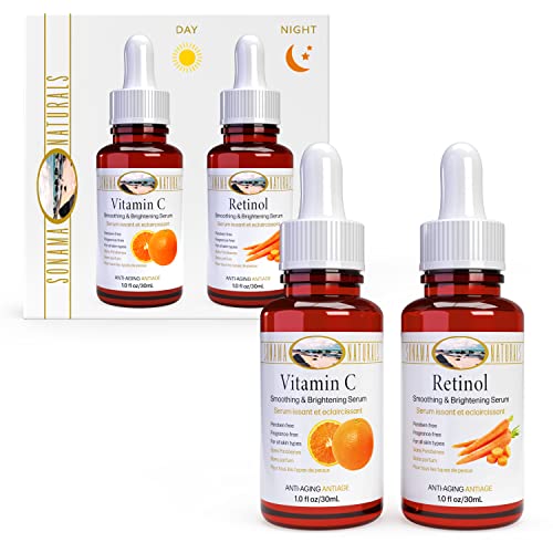 Vitamin C and Retinol Serum for Face, 1 oz. two-pack | Day & Night Kit | Smoothing Natural Anti-Aging Formula | Facial Serum for All Skin