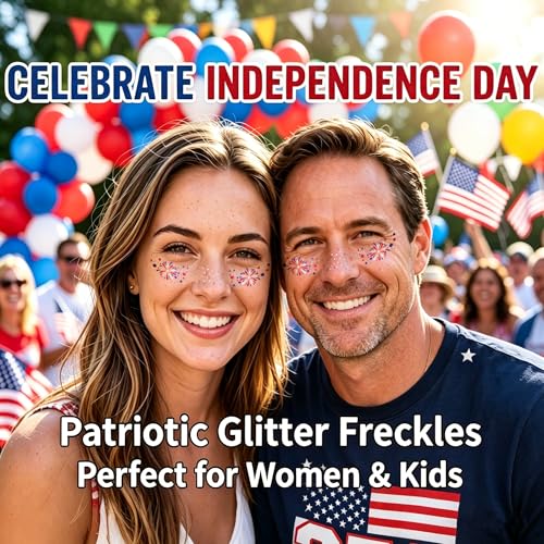 Go Ho 6PC Fireworks Glitter Freckles Face Tattoos for 4th of July, Patriotic Sparkle Stickers for Women & Kids