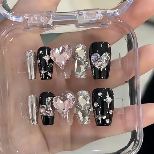 NLSJMP Handmade Reusable False nails,Long Balerina Press on Nails,3D Heart Acrylic Fake Nails Kit,Rhinestone Glitter Design Nail Art Kit,Include Toolkit,10Pcs,Bling,Size Large