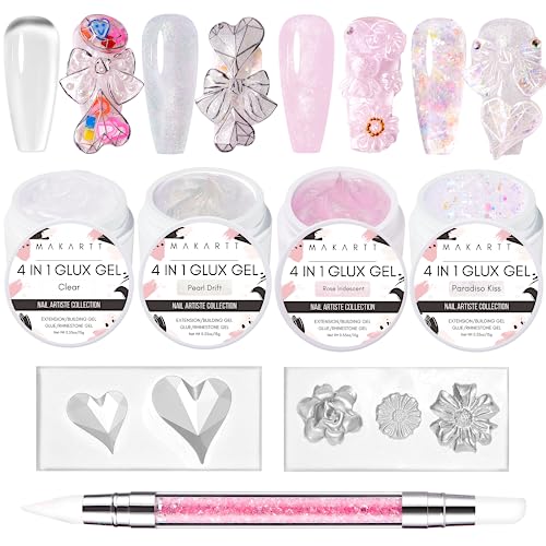 Makartt Clear Blooming Gel 15ml UV LED Soak Off Nail Art Polish Bundle With Solid Gel Builder for Nails Trial Kit Nail Extension UV Nail Glue for Acrylic Nails Rhinestones Gel