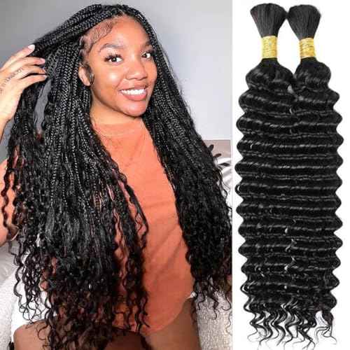 20 Inch Human Braiding Hair 100g Deep Wave Bulk Human hair for Braiding Natural Black Color No Weft Human Hair Bundles Micro Virgin Human Hair Extension for Boho Braids (100g(2bundles), 20 Inch)
