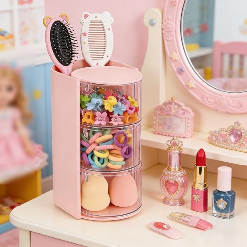 Aodse Hair Accessories Organizer with Rotatable 3-Tier Brush Holder (Pink, 3-Layer) for Hair Clips, Rings & Earrings