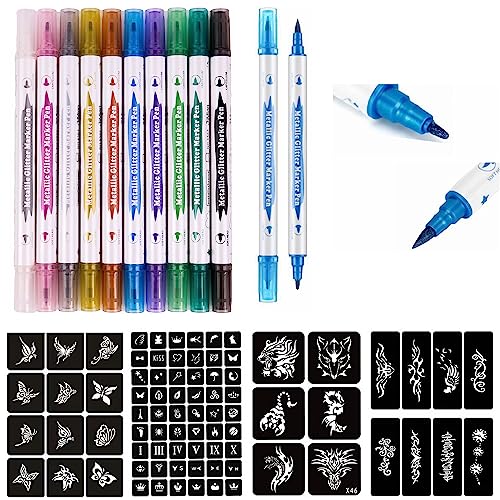 Temporary Tattoo Markers & Stencils Kit - 10 Pens + 80 Designs