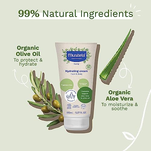 Mustela Certified Organic Hydrating Cream - Natural Body Lotion w/Olive Oil, Aloe Vera & Sunflower Oil - For Baby, Kid & Adult - Fragrance Free, EWG Verified & Vegan - 5.07 oz. - Packaging may vary