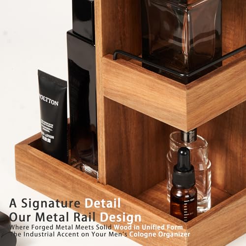 Cologne Organizer for Men, Solid Acacia Wood 3-Tier Rotating Stand - Natural Grain Bathroom & Vanity Organizition for Perfume & Skincare, Premium Desk Decor, Unique Birthday Gifts
