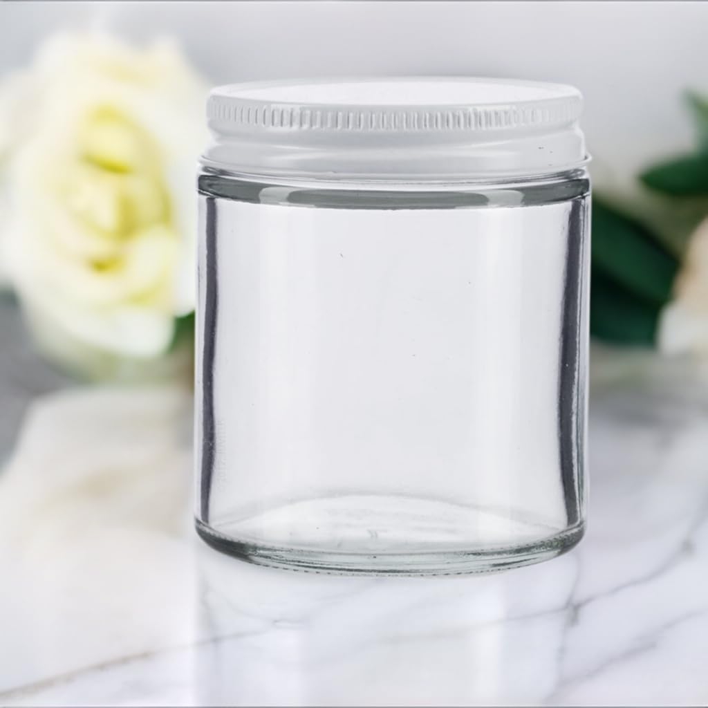 JUVITUS Clear Thick Glass Straight Sided Jar with White Metal Airtight Lid - 4 oz / 120 ml (12 pack) BPA Free Refillable Empty Storage Containers