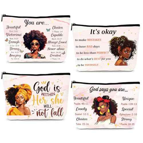 African American Makeup Bags - 4Pcs Inspirational Gifts for Black Women, Afro Queen Cosmetic Toiletry Bags with Zipper Pouch Organizer, Black Girls Owned Gifts for Friends Sisters Mom