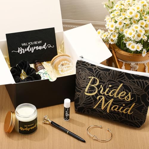 Meanplan 14 Pcs Bridesmaid Proposal Gifts Set, Will You Be My Bridesmaid Gifts with Proposal Box Glass Cup Makeup Bag Cards Lip Balm Hand Cream Candle Scrunchie Bracelet Diamond Pen for Wedding(Black)