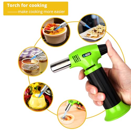 Sondiko Butane Torch Lighter S400, Refillable Kitchen Torch, Fit All Butane Tanks Blow Torch with Safety Lock and Adjustable Flame for Desserts, Creme Brulee, and Baking, Green