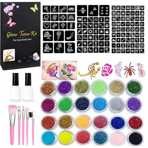Temporary Glitter Tattoo Kit - 24 Colors, 120 Stencils, Kids & Adults